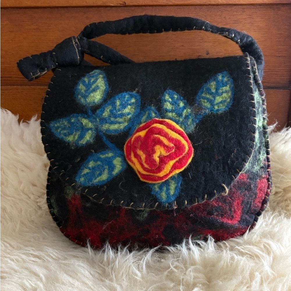 Ethnic Nepal Felted 100% Wool Floral Large Bag Tote